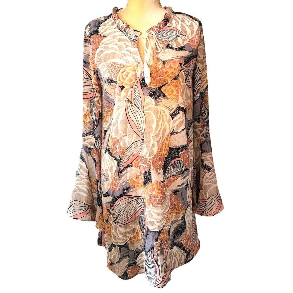 Love Floral Bell Sleeves Flowy Tunic Dress Size Large